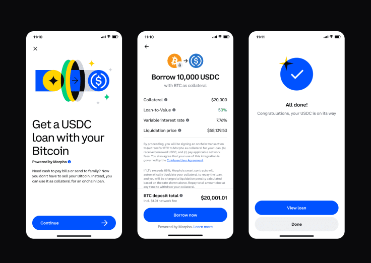 CoinbaseアプリでのBitcoin担保USDC借入画面