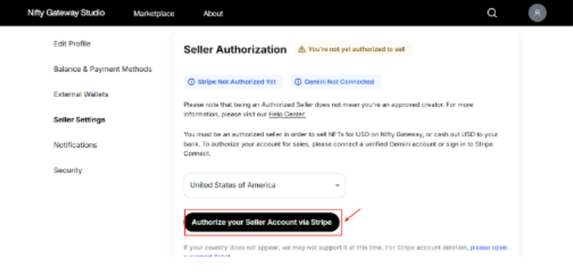 ③住んでいる国を選択して「Authorize your Seller Account」をクリック