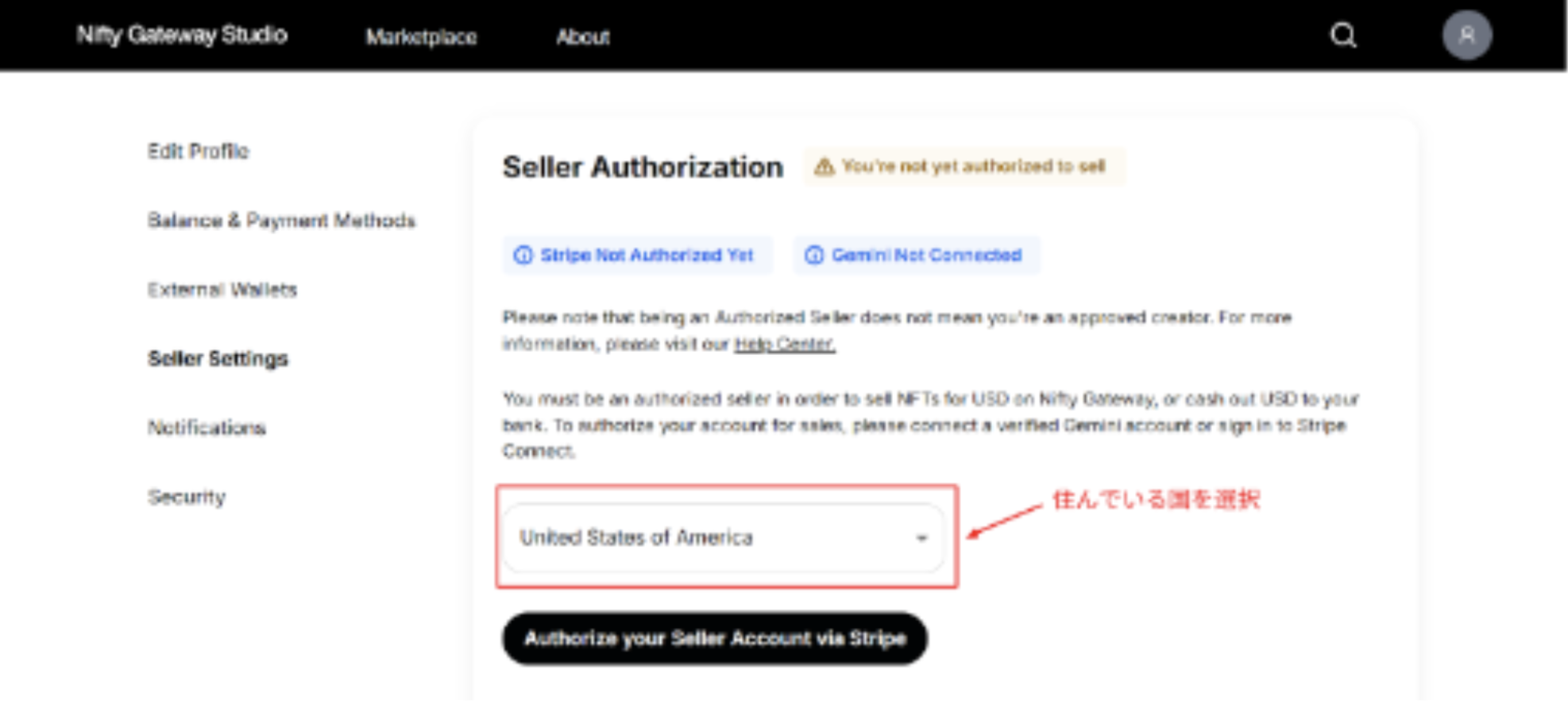 ③住んでいる国を選択して「Authorize your Seller Account」をクリック